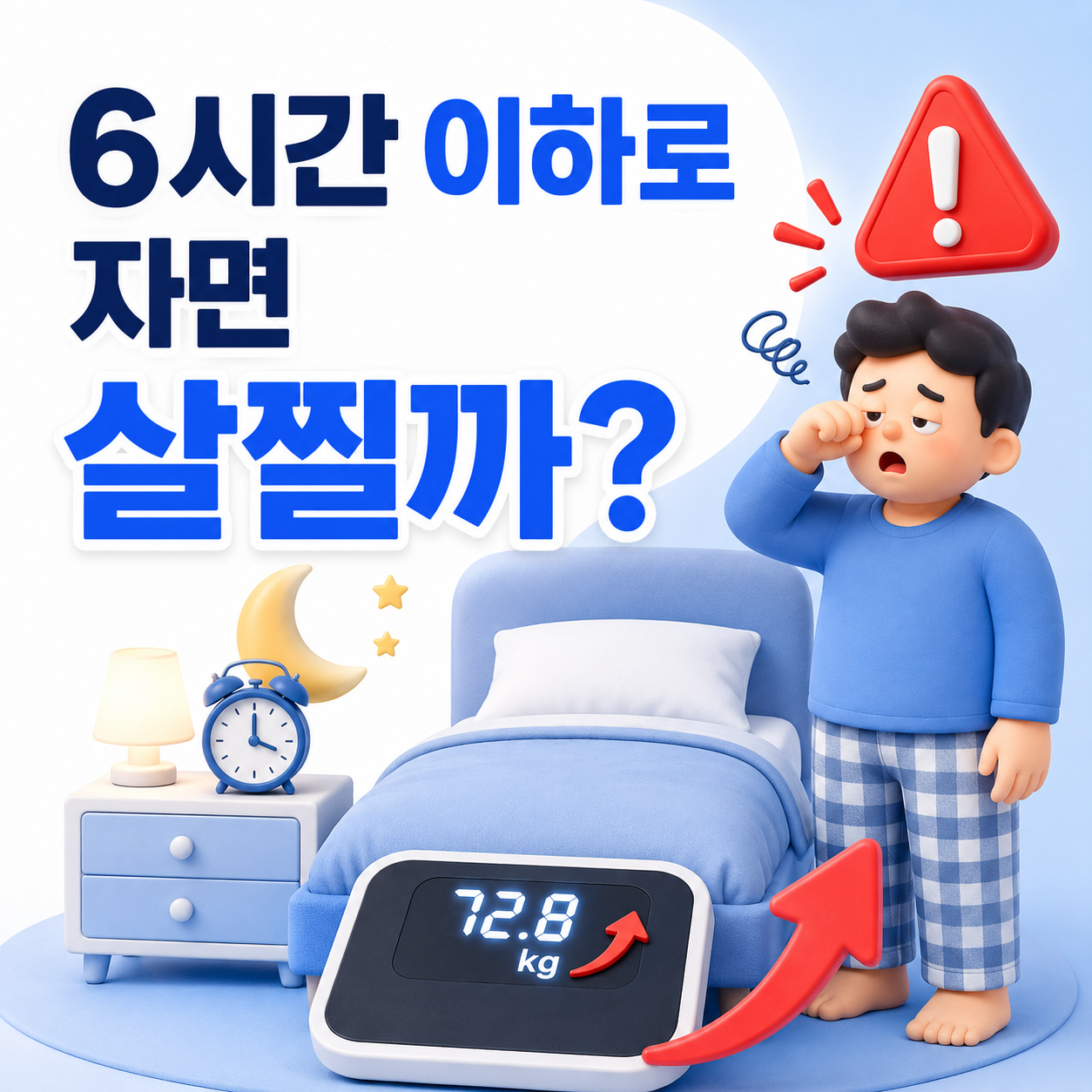 비만과 수면 부족의 관계를 표현한 침대와 체중계 이미지