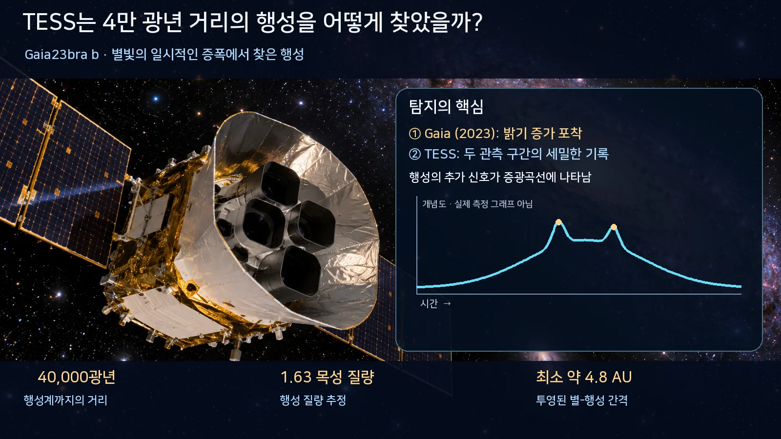 가이아의 2023년 증광 경고와 TESS의 두 관측 구간, 실제 측정값이 아닌 개념도 증광곡선, 행성 질량과 투영 거리 추정치를 한국어로 설명하는 인포그래픽