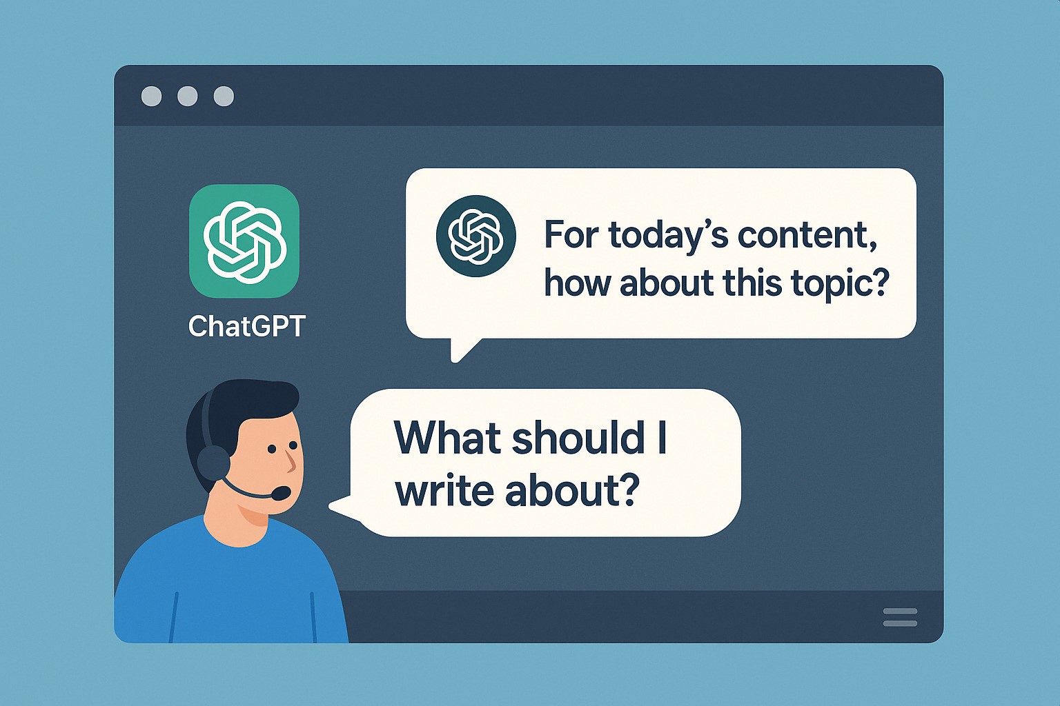 ChatGPT 앱이 열린 데스크탑 화면에서 사용자가 헤드셋을 쓰고 대화를 나누는 모습. 화면에는 “What should I write about?”와 “For today’s content, how about this topic?”라는 말풍선이 나타나 있음.