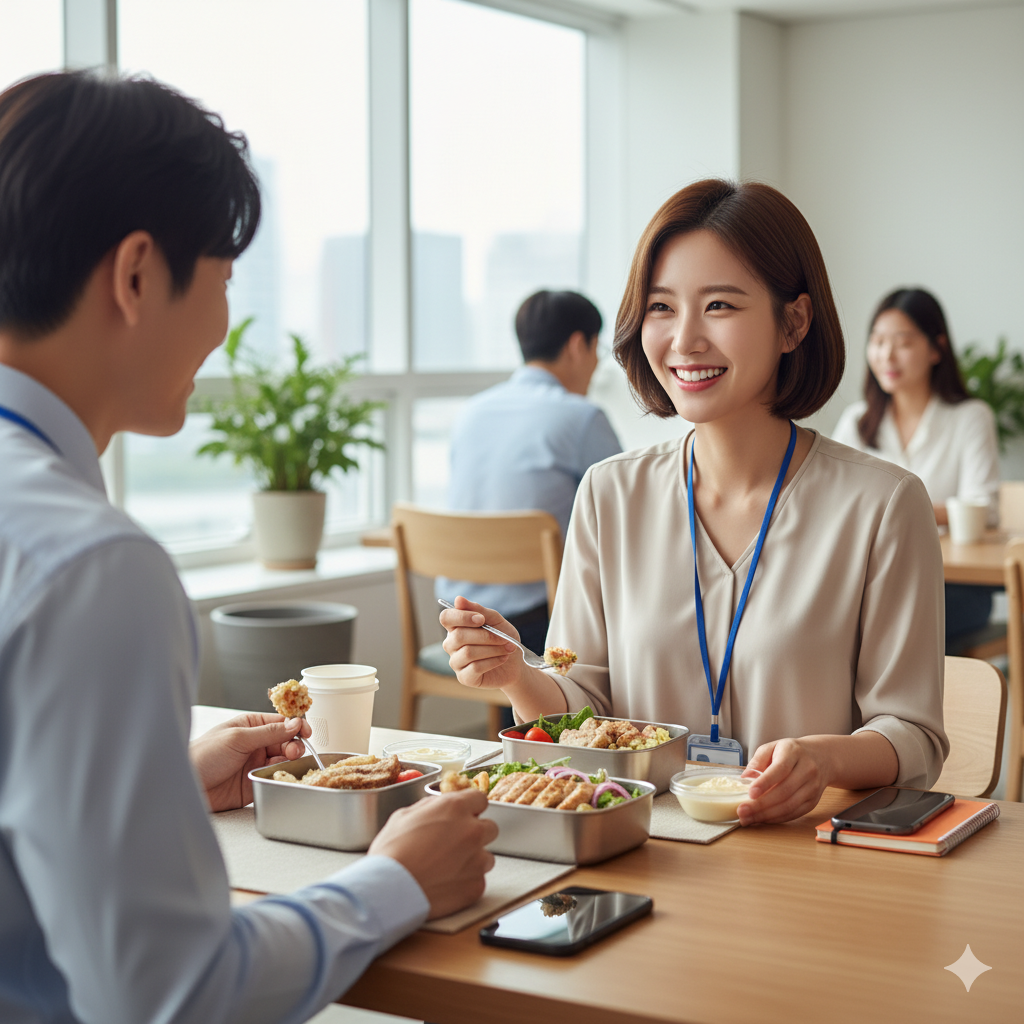 사무실 휴게실에서 직장동료와 도시락을 먹으며 행복한 표정을 짓고 있는 한국의 젊은 직장여성의 모습