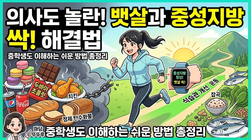 의사도 놀란 중성지방 낮추는 법과 뱃살 내장지방 줄이는 식습관 운동 실천 가이드 인포그래픽 일러스트