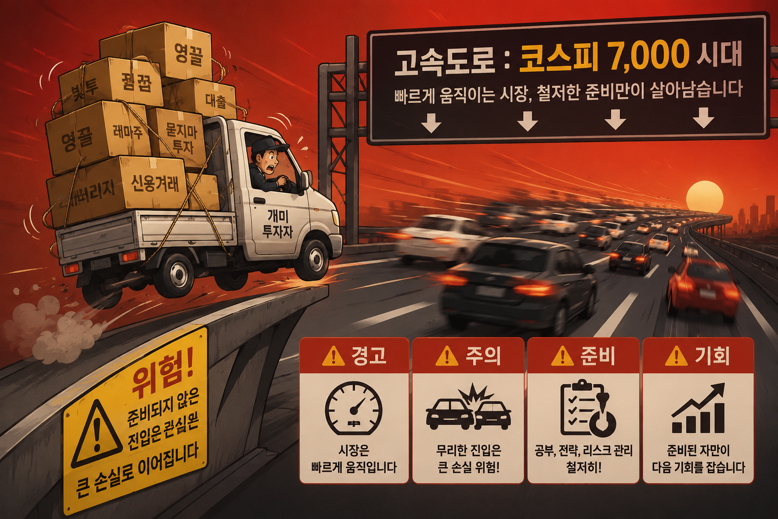 개미투자자 트럭을 몰고 코스피 7000 고속도로에 진입하는 이미지입니다.