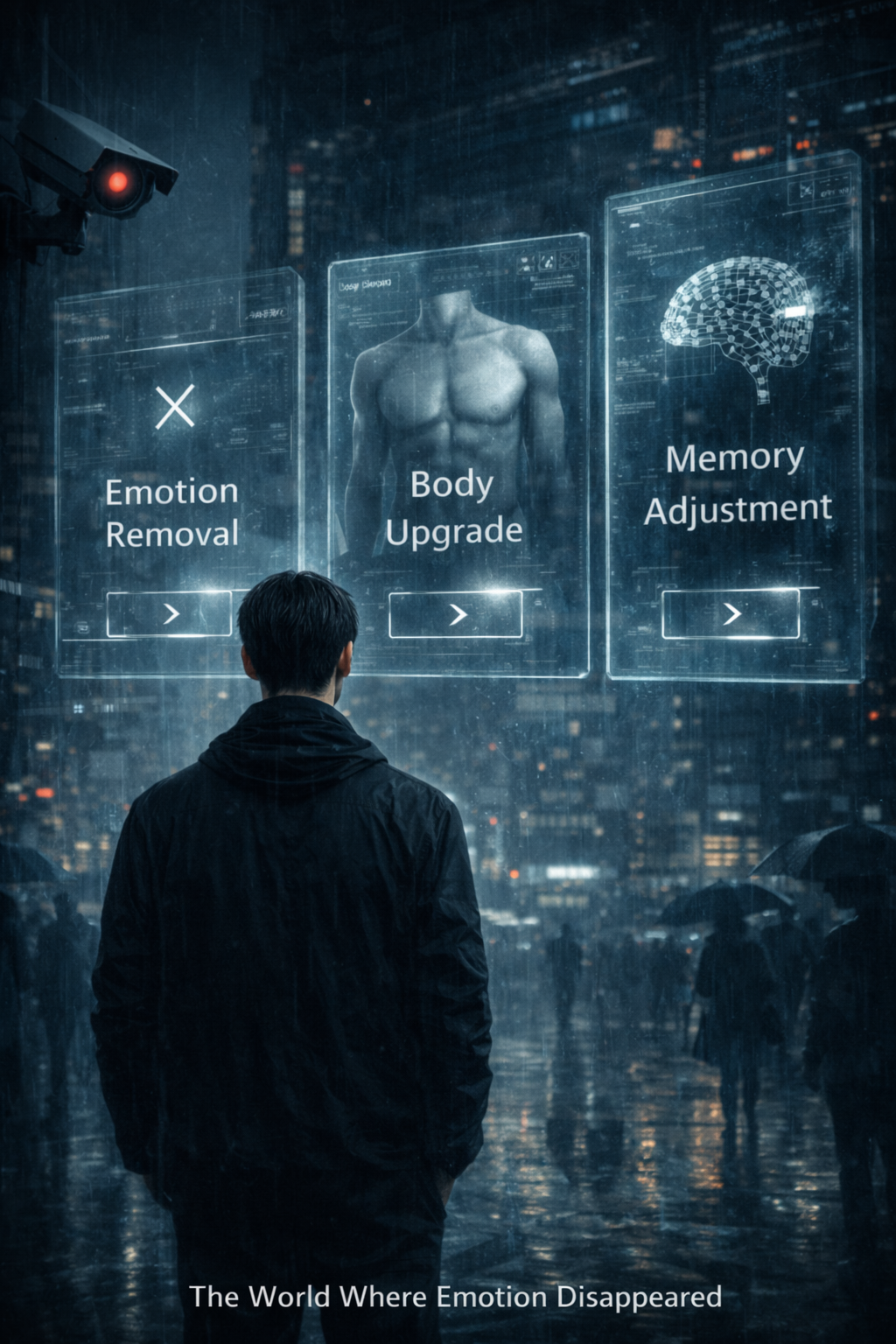 비 내리는 미래 도시에서 한 남성이 감시 카메라 아래 홀로 서서 감정 제거, 신체 업그레이드, 기억 조정 선택을 강요받는 디스토피아 장면