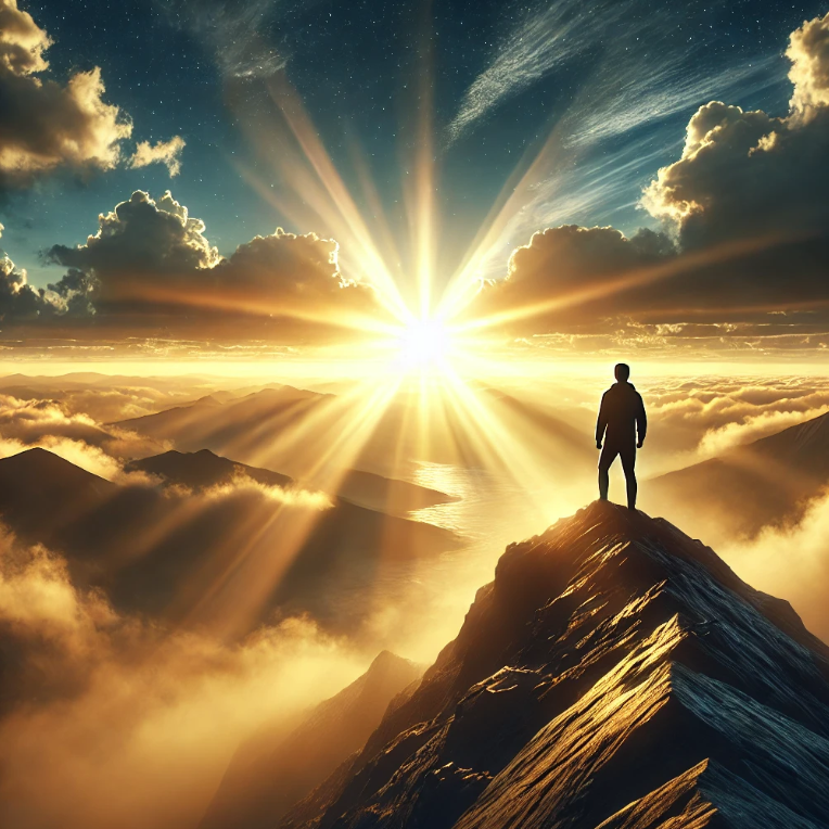 산 정상에 서서 밝은 하늘을 바라보는 사람. 새롭게 떠오르는 태양이 강조된 장면