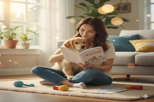 초보 집사가 '1등 집사 가이드' 책을 읽으며 반려견(골든 리트리버 새끼)과 소파 앞 러그 위에서 다정하게 교감하는 모습. 따뜻한 햇살이 비추는 거실에서 반려견 장난감들이 주변에 놓여 있다.(초보 집사가 학습을 통해 반려견과 행복한 관계를 만들어가는 과정을 보여줌)