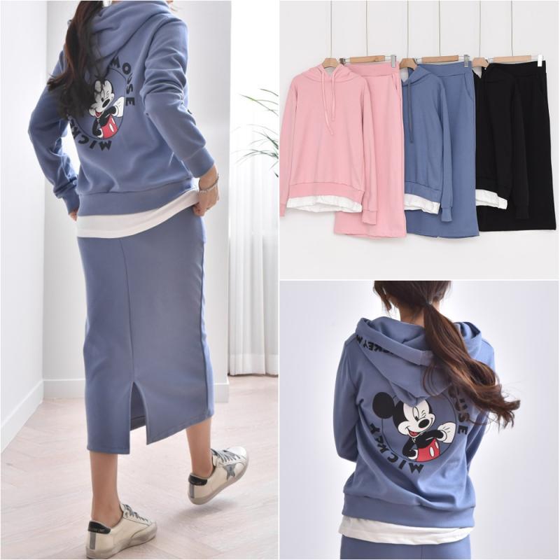 미키 디즈니 후드 맨투맨 롱 트레이닝 스커트 세트