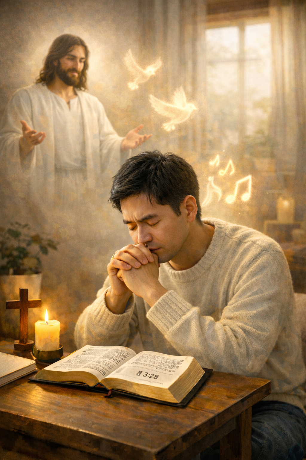 롬 3:28 말씀을 보며&amp;#44; 하나님과 좋은 관계를 맺기 위해 규율을 지키거나 관습을 지키기 위해 노력하기 보다 주님을 믿는 믿음을 갖는 것이 중요함을 다시 생각하게 되었고&amp;#44; 진실된 믿음을 갖기 위해 기도하고&amp;#44; 성령의 음성에 즉각 순종하려는 시도를 하는 모습입니다.