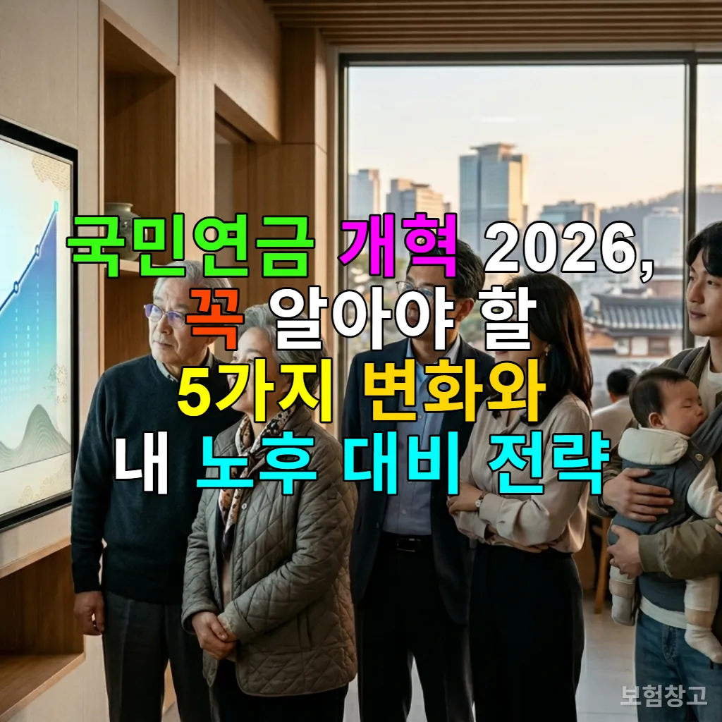 다양한 세대의 한국인들이 국민연금 개혁 그래프를 보며 노후를 계획하는 모습