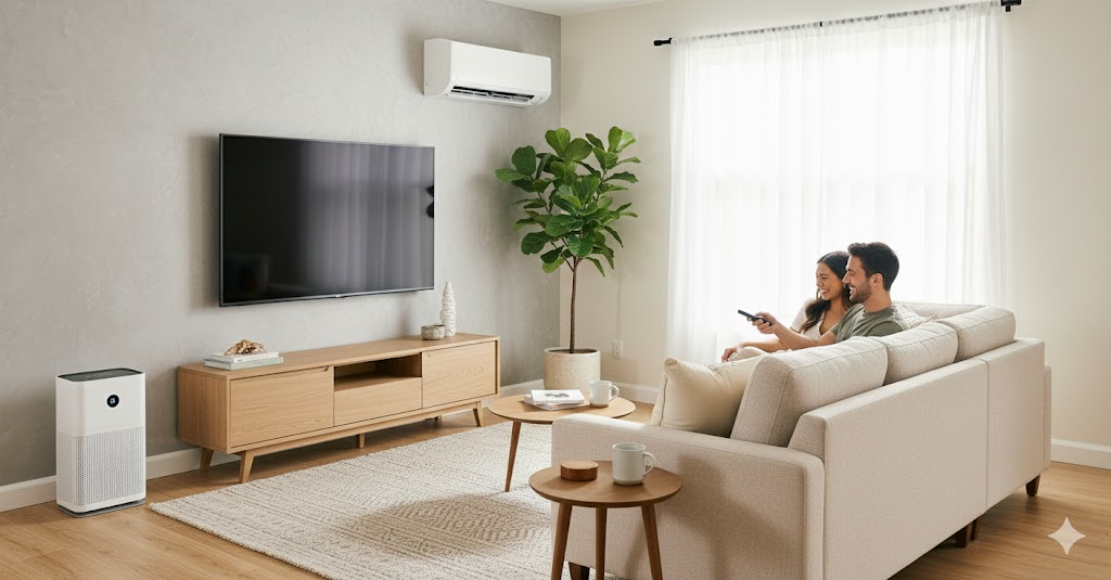 티비, 공기청정기 그리고 에어컨이 잘 갖춰진 신혼 집