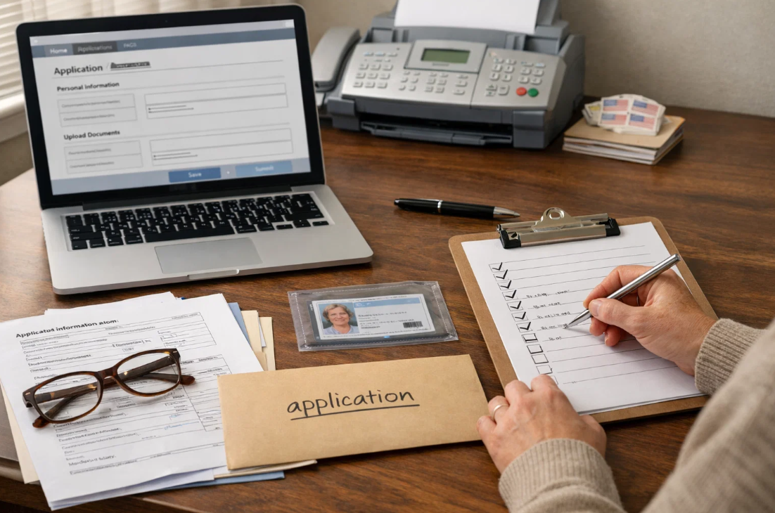 장기요양인정 신청서를 온라인으로 작성하며 서류 체크리스트를 확인하는 장면