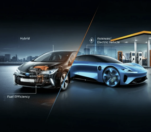 전기차와 하이브리드 자동차 비교 이미지 &ndash; 왼쪽은 연비 효율성이 강조된 하이브리드 차량, 오른쪽은 전기차 충전소 앞에 있는 순수 전기차로, 최신 EV 디자인과 충전 인프라를 강조