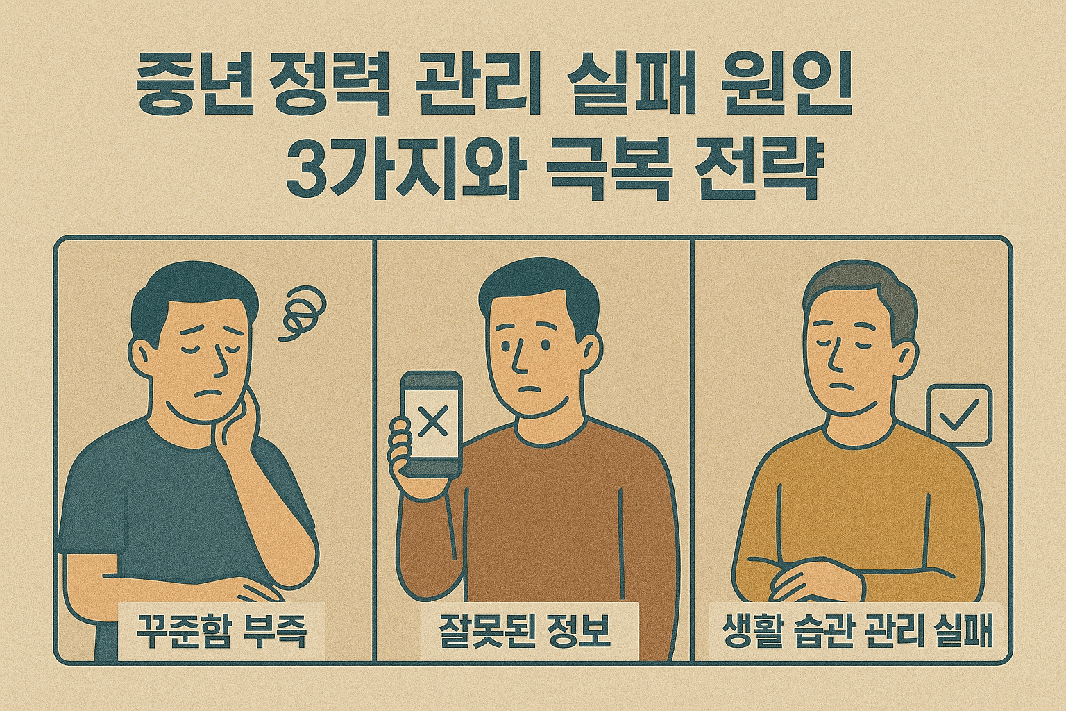 중년 정력 관리 실패 원인 3가지와 극복 전략(꾸준함 부족, 잘못된 정보, 생활 습관 관리 실패)