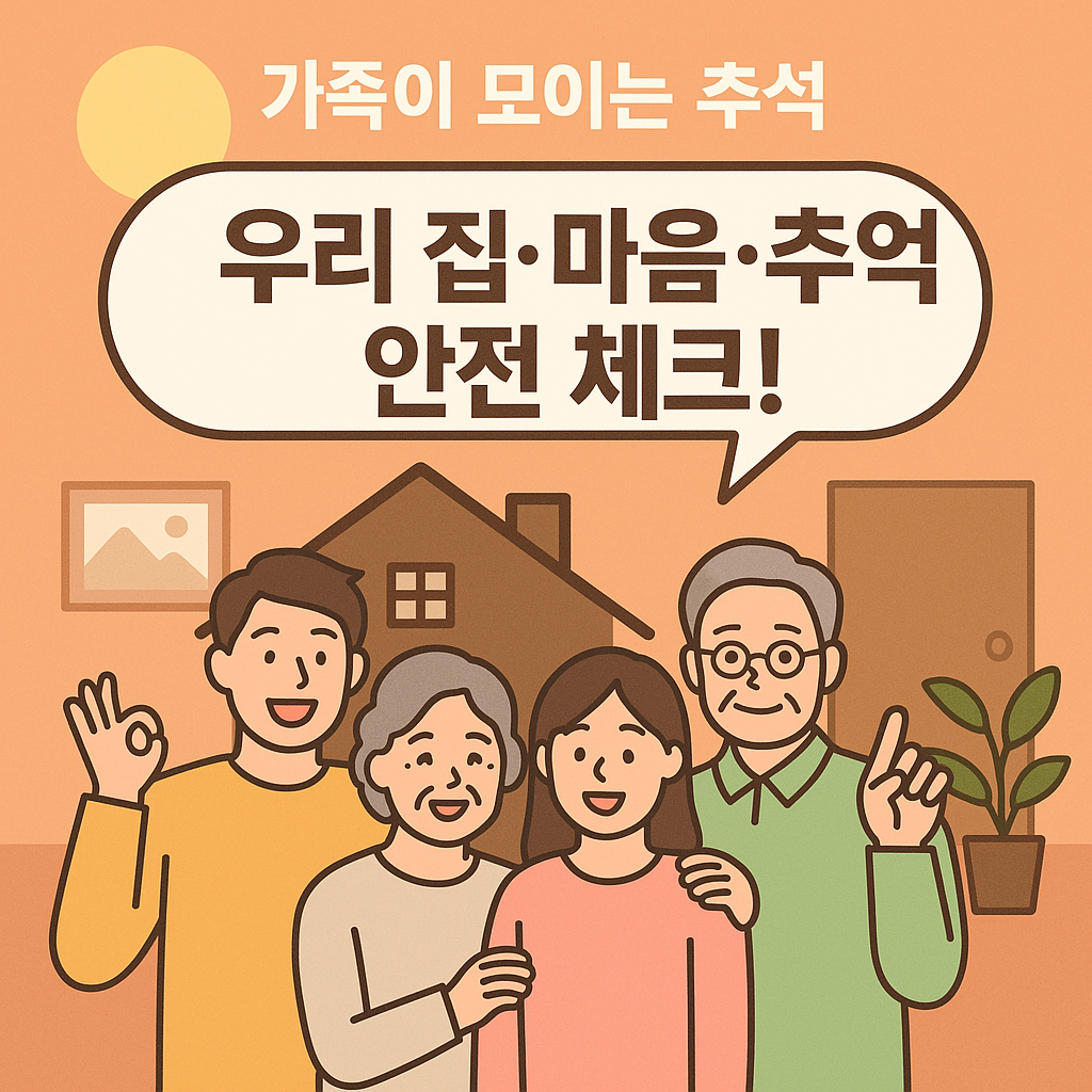추석을 맞아 가족이 함께 모여 웃으며 서 있는 일러스트. 집과 달, 따뜻한 배경 속에서 &lsquo;가족이 모이는 추석, 우리 집&middot;마음&middot;추억 안전 체크!&rsquo;라는 문구가 강조되어 있다.