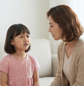 딸이 속상한 표정으로 엄마에게 이야기하는 장면