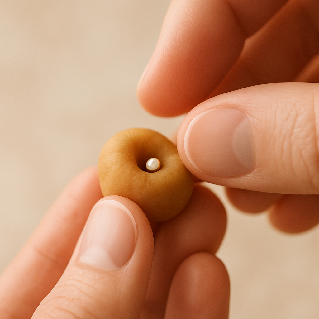 필포켓에 오목한 자국을 내어 약을 숨기고 있는 손동작을 보여주는 이미지