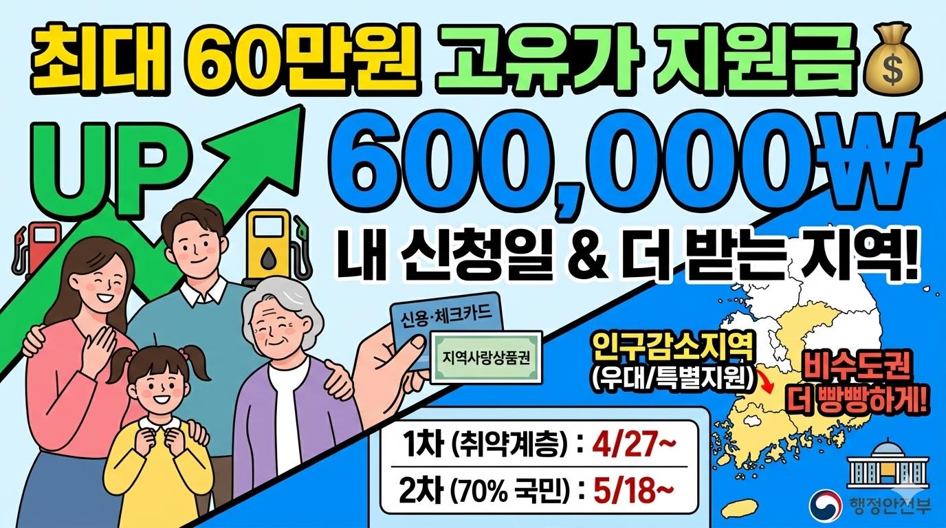 고유가 피해지원금 최대 지원 금액과 거주 지역별 차등 지급 내용을 요약한 상세 썸네일 이미지