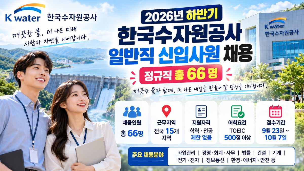한국수자원공사 2026년 하반기 일반직 신입사원 정규직 66명 채용 안내 이미지