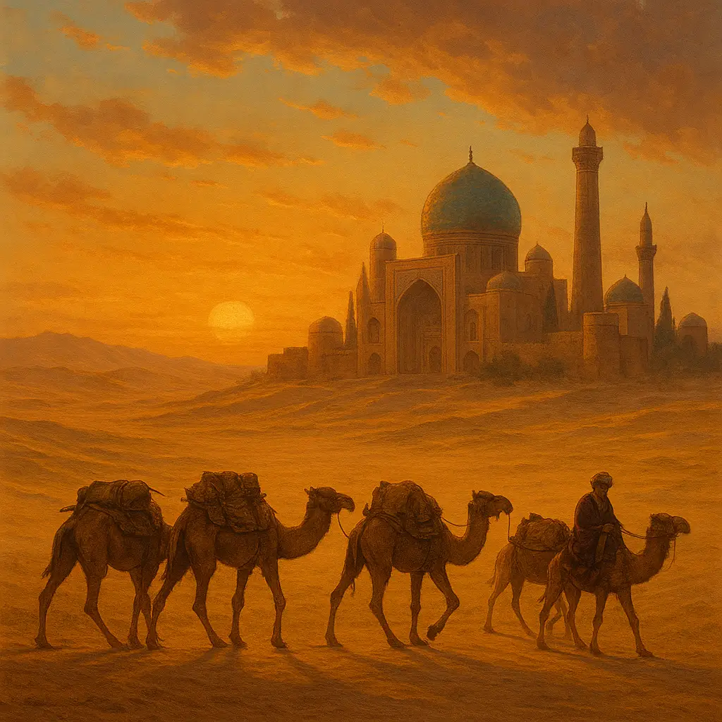 고대 실크로드를 따라 낙타 캐러밴이 이동하는 모습, 석양빛 사막과 오아시스 도시 배경