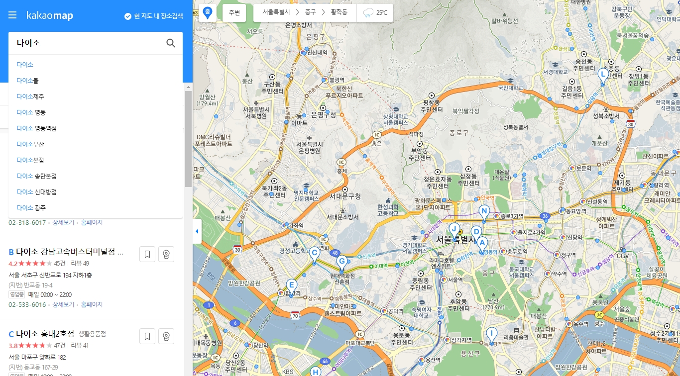 지도 앱에 표시된 다이소 매장 목록