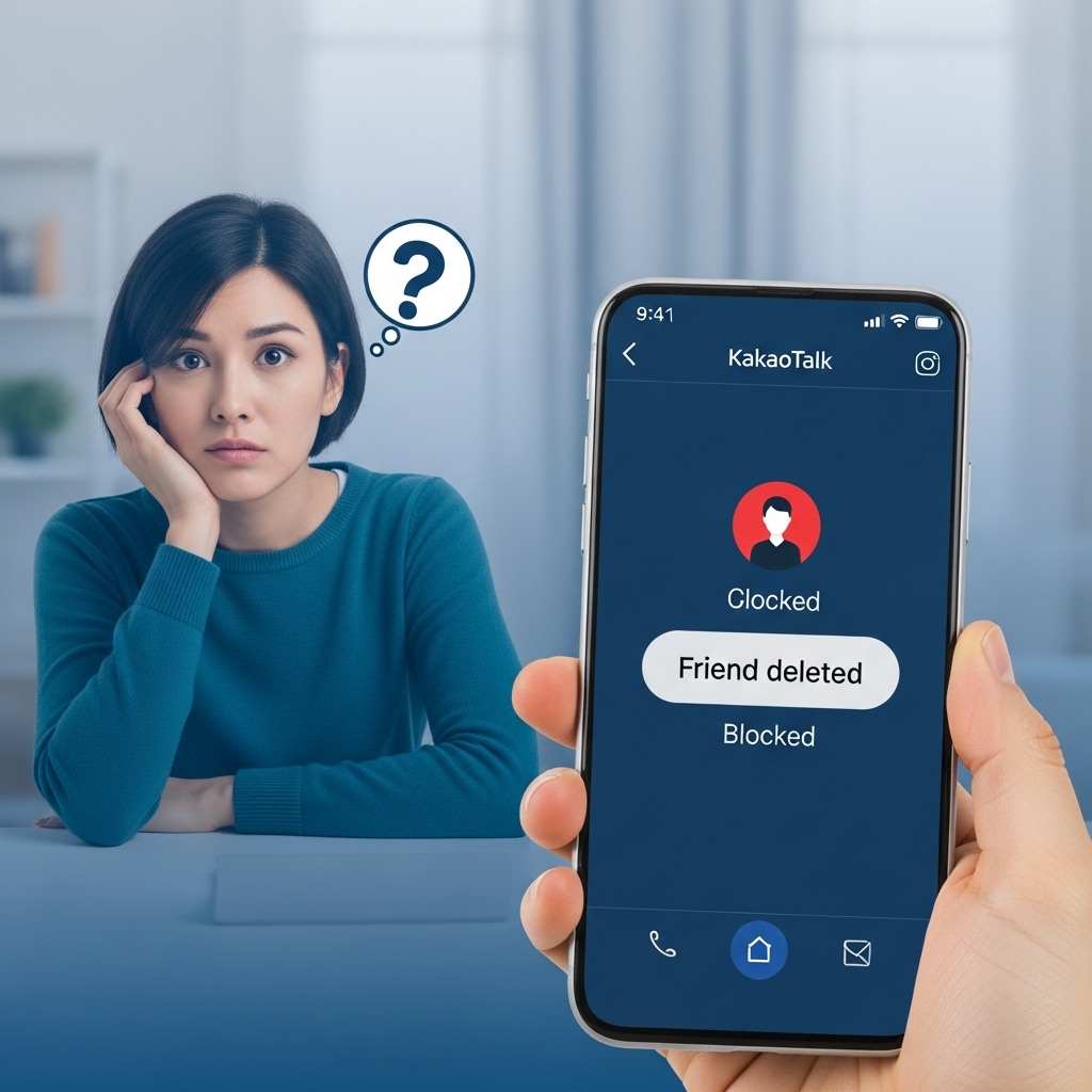 카카오톡 친구 목록에서 사라진 친구를 보며 난감해하는 사람의 모습. 카톡 친구 삭제 복구 방법을 찾는 상황을 묘사합니다.