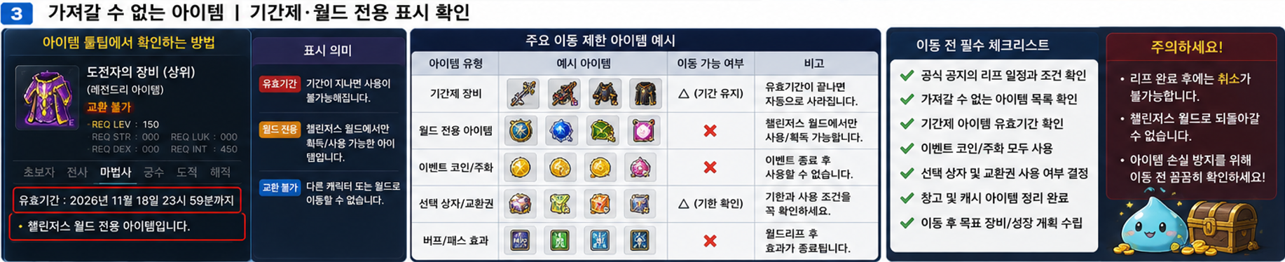 메이플 챌린저스 월드에서 가져갈 수 없는 기간제 월드 전용 아이템 확인