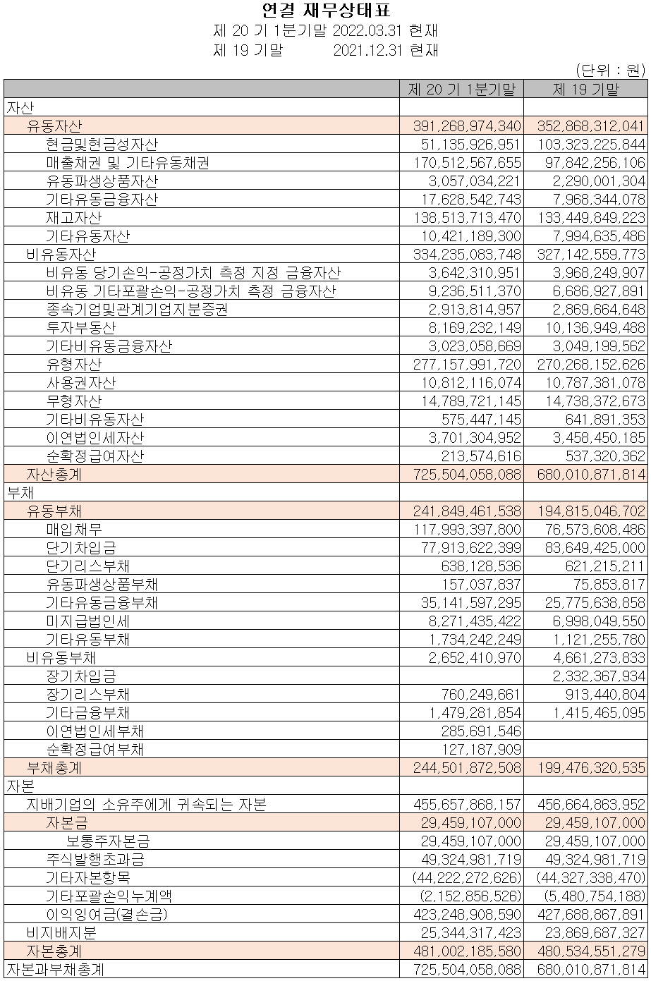 파트론 - 재무상태표