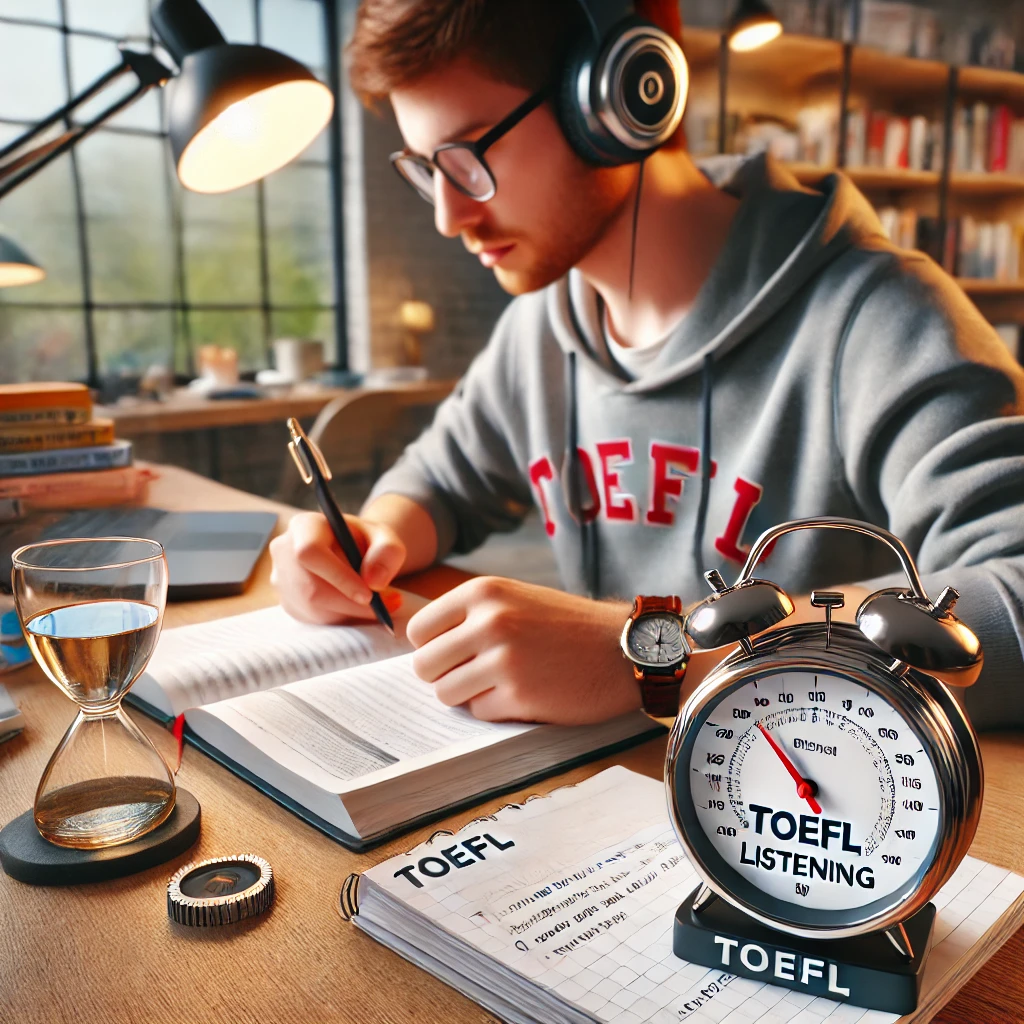 헤드폰을 쓰고 듣기 연습을 하며 노트를 작성하는 학생, 집중된 공부 공간