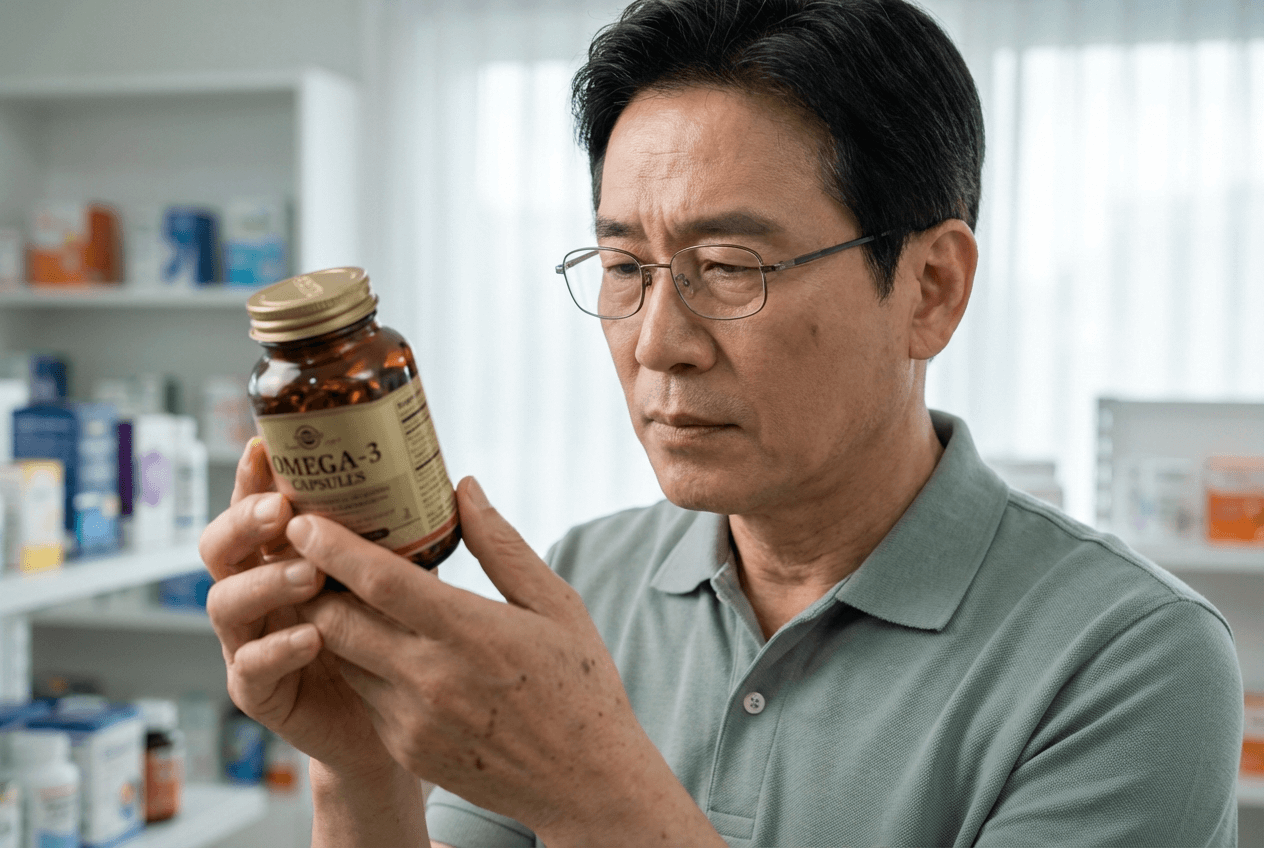 오메가3 제품 라벨에서 형태 표기를 확인하는 이미지