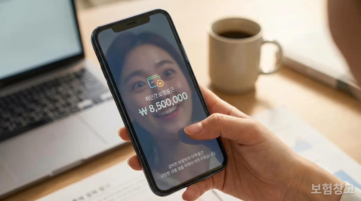 스마트폰 화면에 표시된 숨은 보험금을 보고 놀라는 모습