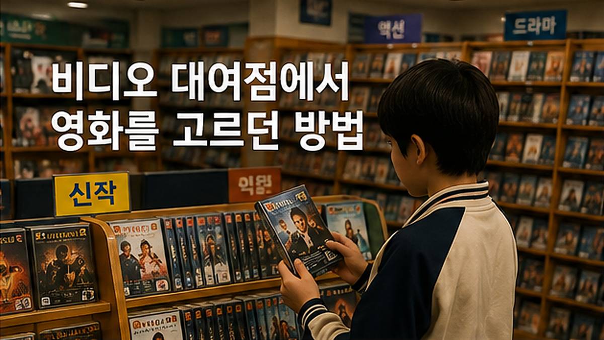 텍스트: 비디오테이프가 가득 진열된 대여점에서 한 사람이 영화를 고르는 모습과 글 제목