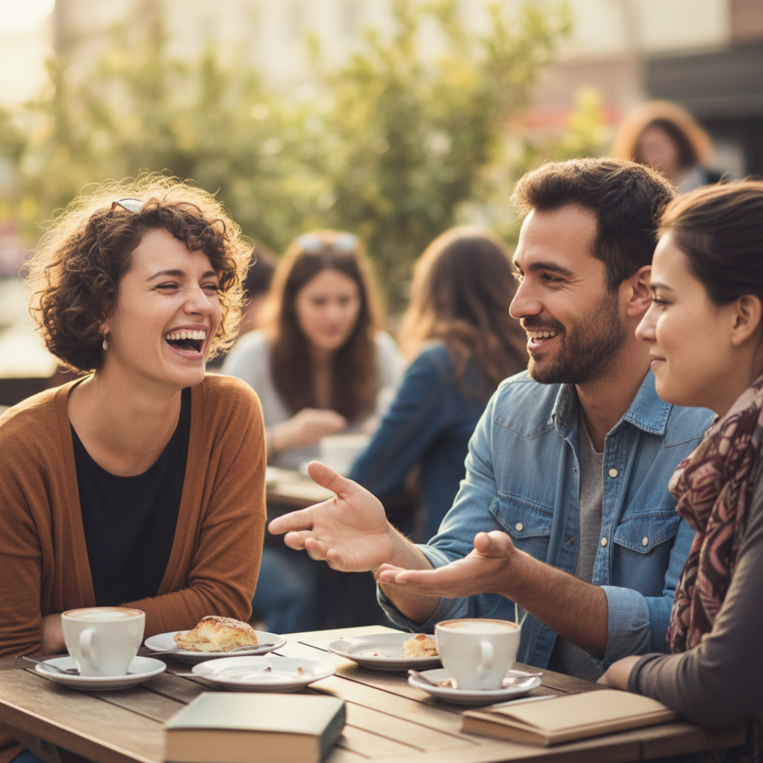 40대 남녀가 웃으며 대화하는 일상적인 식사 모습