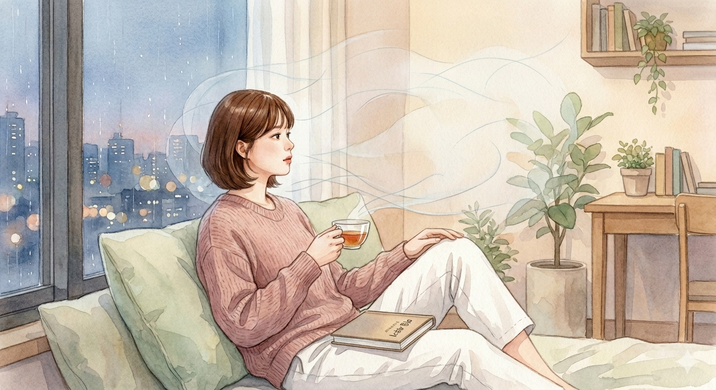 "비가 내리는 도심 창가에 앉아 창밖을 바라보는 여성의 수채화 일러스트. 여성의 무릎 위에 놓인 책에는 '마음 세우기'라는 글자가 선명하게 적혀 있어, 타인의 시선에서 벗어나 내면의 중심을 세우는 심리적 과정을 시각화함."