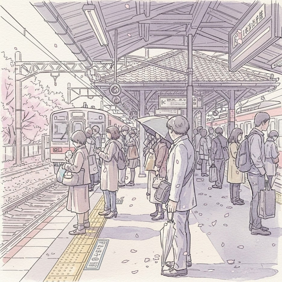 여행객들로 붐비는 일본의 기차역 승강장 모습