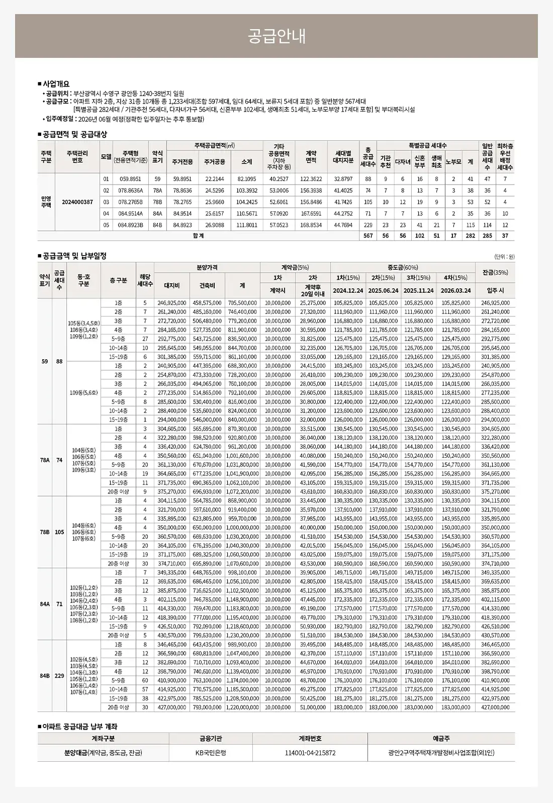 광안동 드파인광안아파트 사업안내, 단지세대안내, 입주자모집공고 등 안내