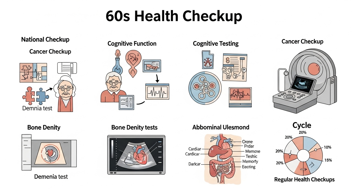 60대건강검진, 국가검진항목, 노인검진, 암검진, 인지기능검사, 골밀도검사, 심장초음파, 복부초음파, 건강검진주기, 치매검사