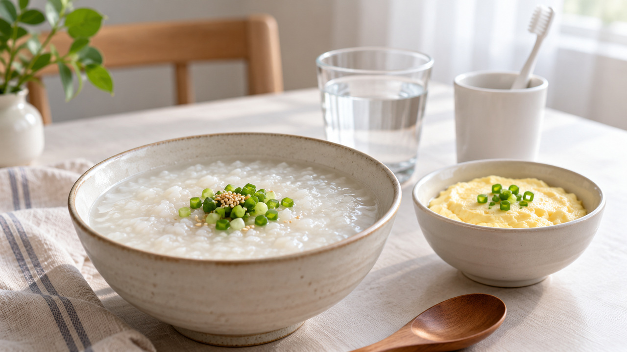 집 식탁에 물잔과 부드러운 죽을 준비하는 모습