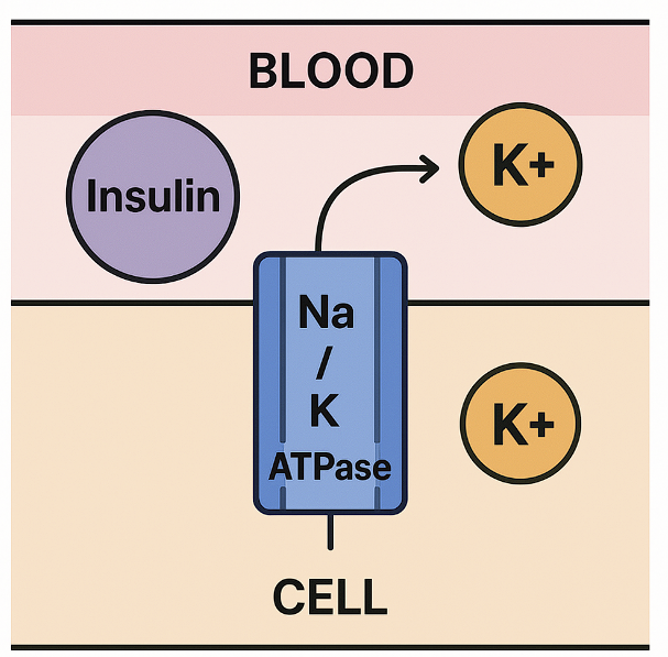 인슐린이 Na+/K+-ATPase 펌프를 활성화시켜 혈액 속의 칼륨(K+)을 세포 안으로 이동시키는 과정을 설명하는 의학 다이어그램