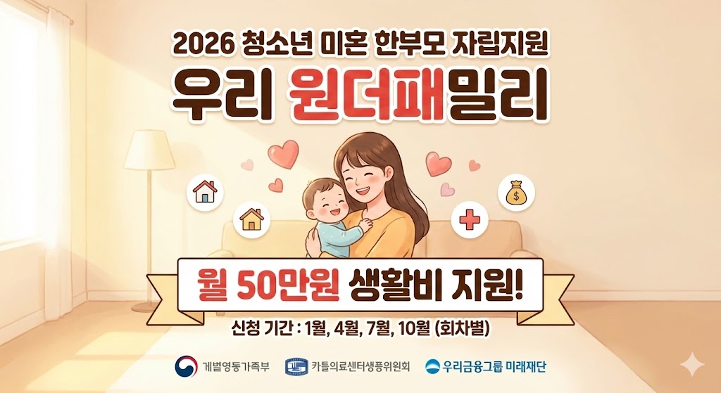 2026년 청소년 미혼 한부모 자립지원사업 '우리 원더패밀리' 모집 안내 포스터