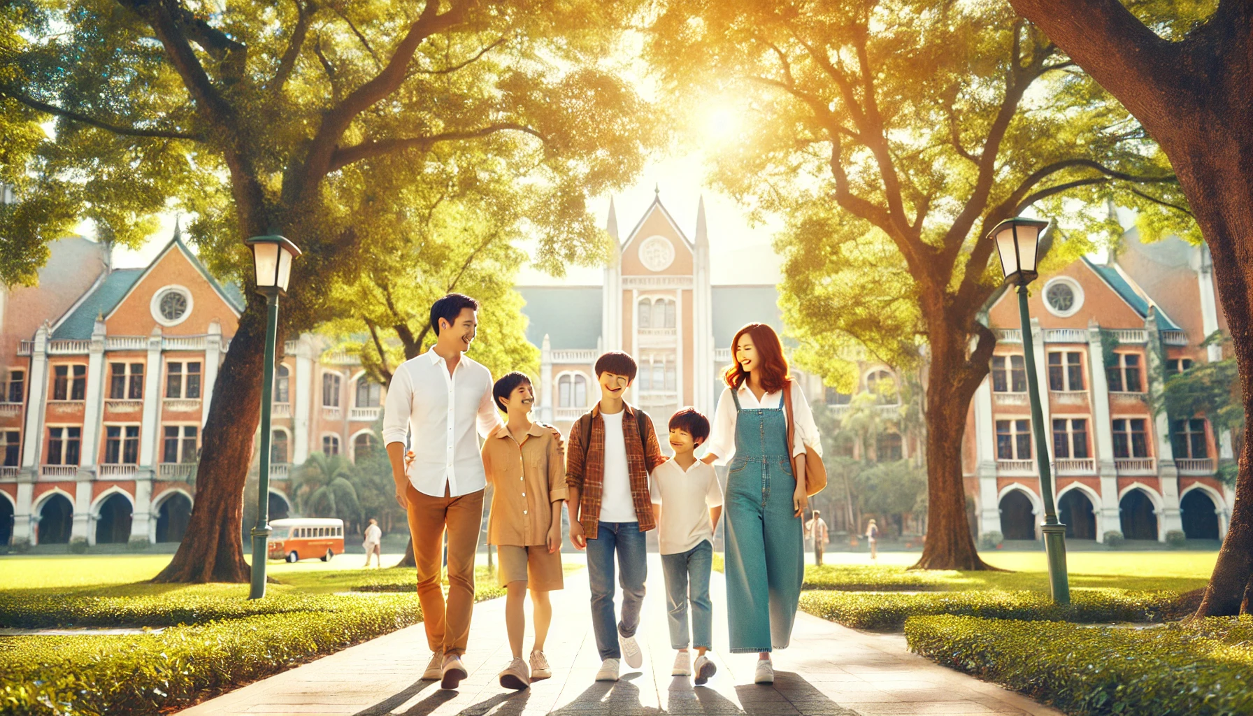 아름다운 대학 캠퍼스를 배경으로 가족이 함께 걷는 따뜻한 장면