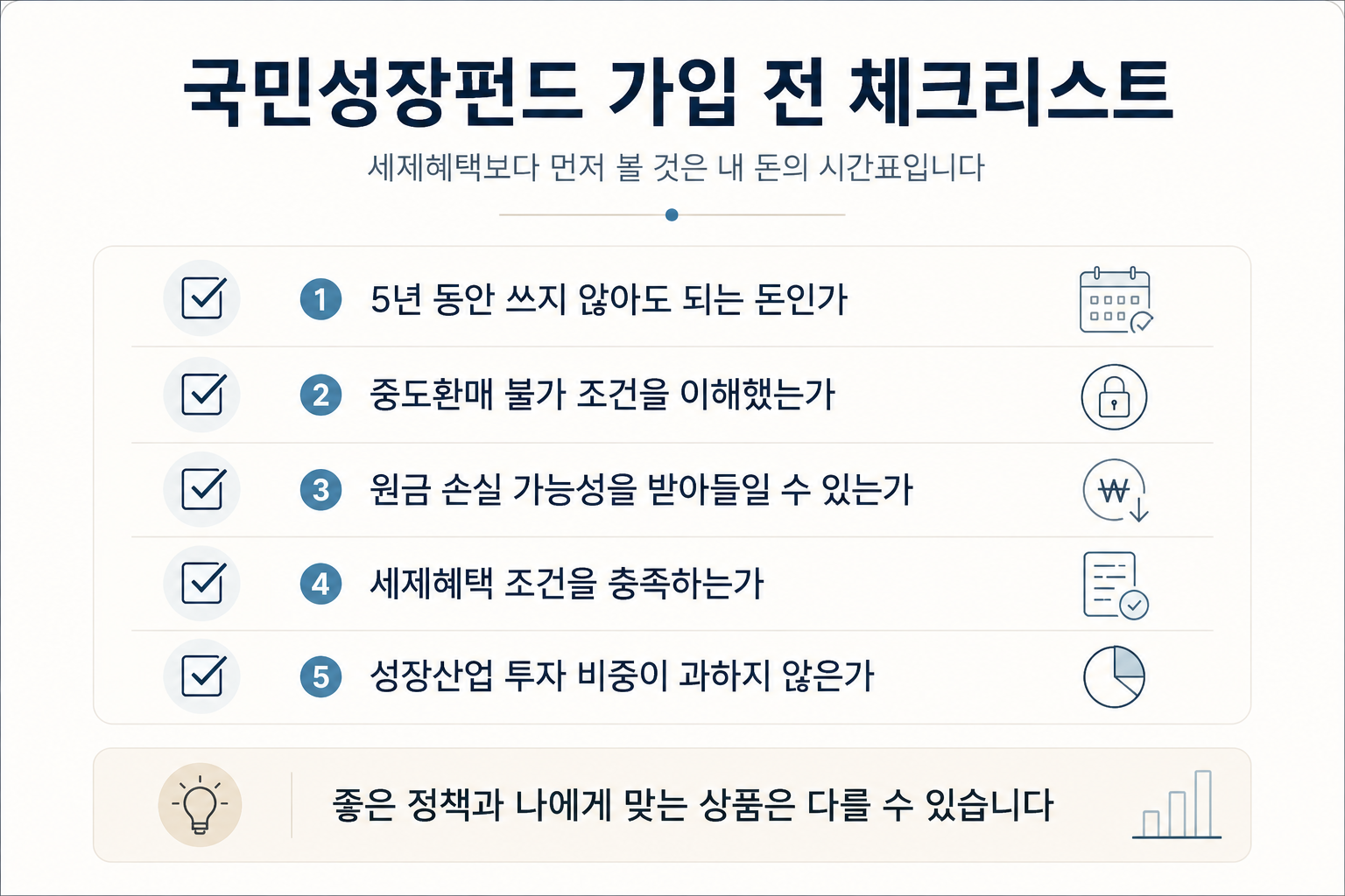 국민성장펀드 가입 전 체크리스트, 5년 보유 가능성, 중도환매 불가, 원금 손실 가능성, 세제혜택 조건 확인
