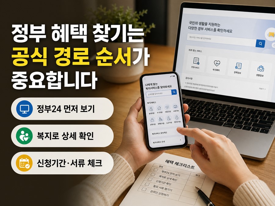 정부24와 복지로를 활용해 정부 혜택을 찾고 신청기간과 준비서류까지 점검하는 실전 안내 이미지입니다.