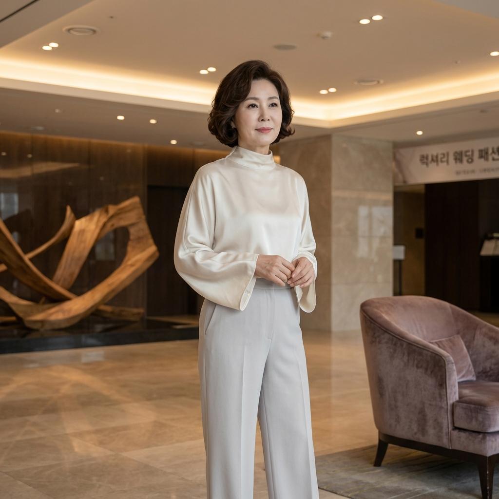 3월 봄 예식에 어울리는 실크 블라우스 &amp; 와이드 팬츠 코디