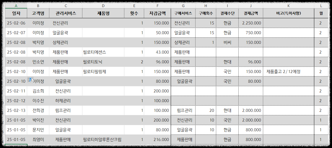 피부관리 매출분석 엑셀 한방에! 매출 피벗테이블로 빠르게 쉽게 한눈에~ 샵 매출분석 양식