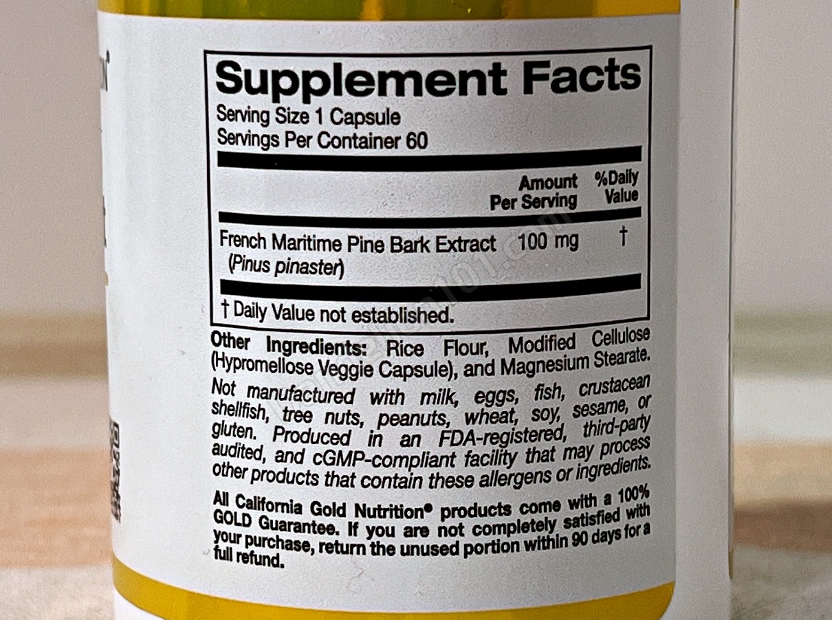 캘리포니아 골드 뉴트리션에서 만든 프랑스 해송 추출물, 올리고핀&reg; 100mg, 60 베지 캡슐 (CALIFORNIA GOLD NUTRITION French Maritime Pine Bark Extract, oligopin&reg; 100mg, 60 Veg Caps) 영양 성분 및 기타 성분
