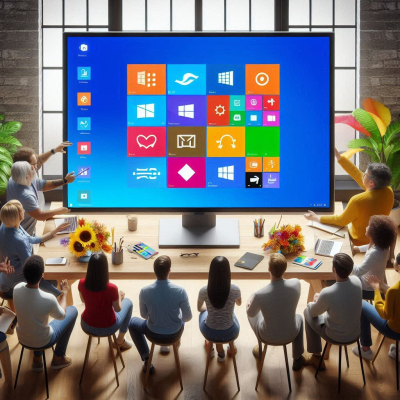 많은 사람이 대형 화면의 윈도우 인터페이스를 분석하는 모습.