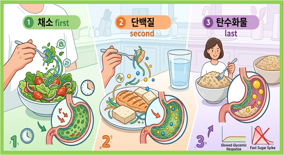 식사 순서(채소 단백질 탄수화물 순) 이미지