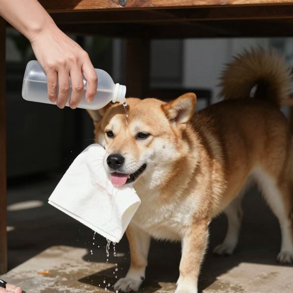 열사병을 예방하기 위헤 강아지에게 물을 부어주고 있는 모습