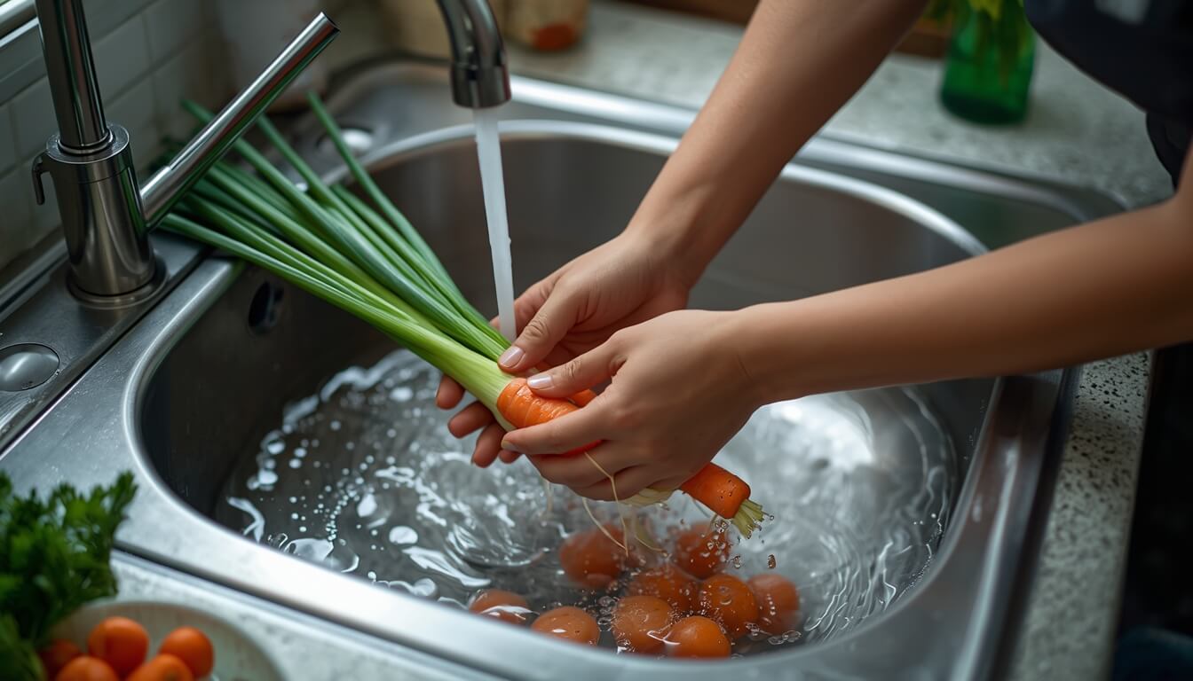 수돗물로 대파와 당근을 깨끗하게 씻고 있는 모습