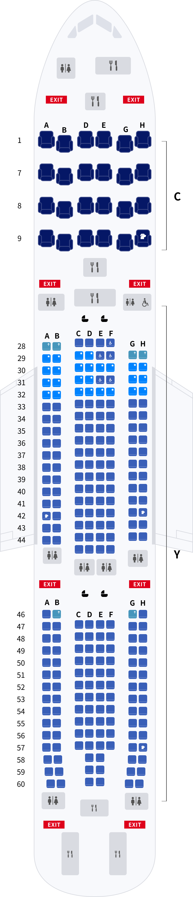 대한항공 에어버스 A330 기본정보, 좌석배치도, 좌석 간격