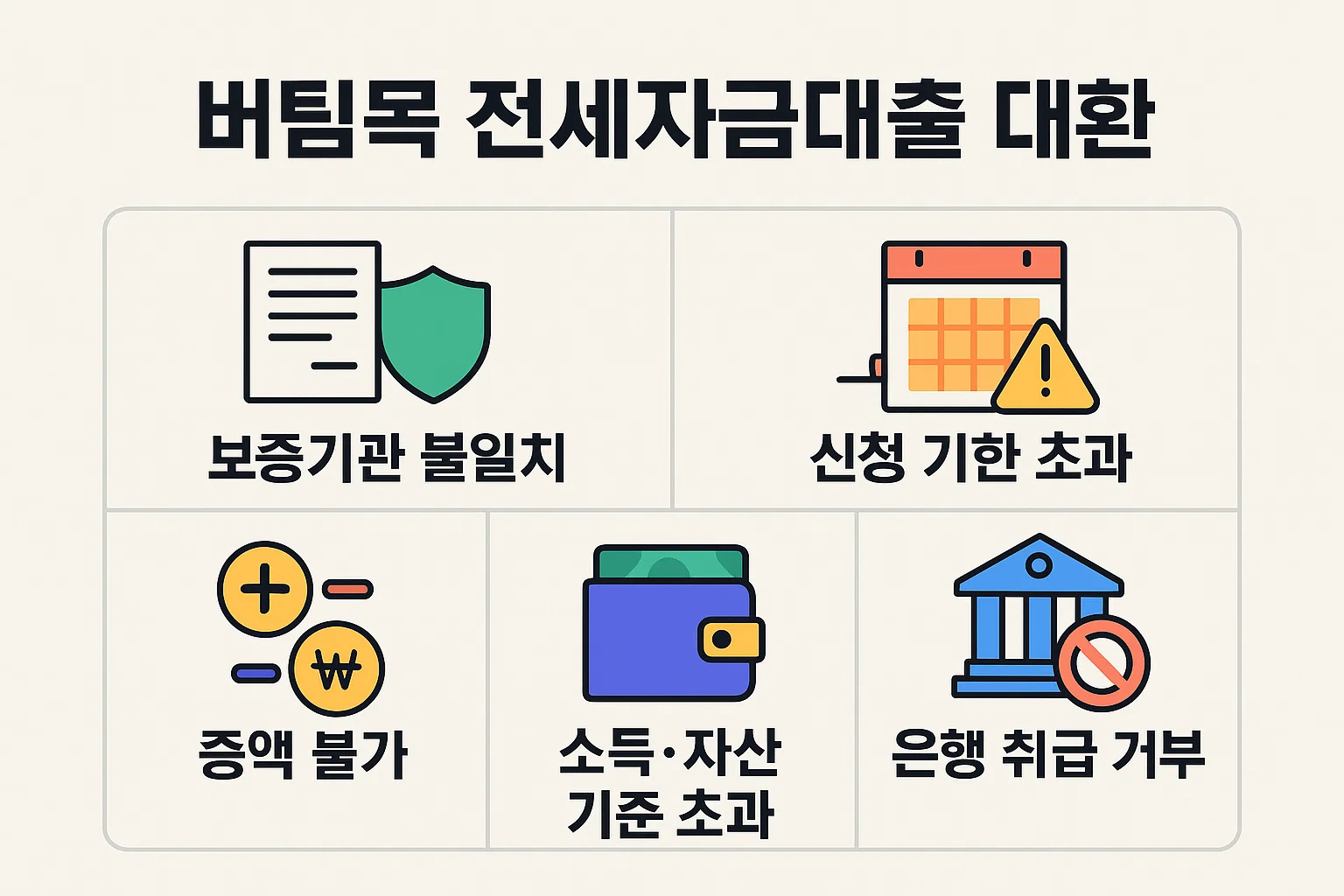 버팀목 전세자금대출 대환 과정에서 자주 발생하는 문제 유형을 정리한 인포그래픽. 보증기관 불일치, 신청 기한 초과, 소득·자산 기준 초과, 증액 불가 등 주요 제한사항을 시각적으로 보여주는 이미지.